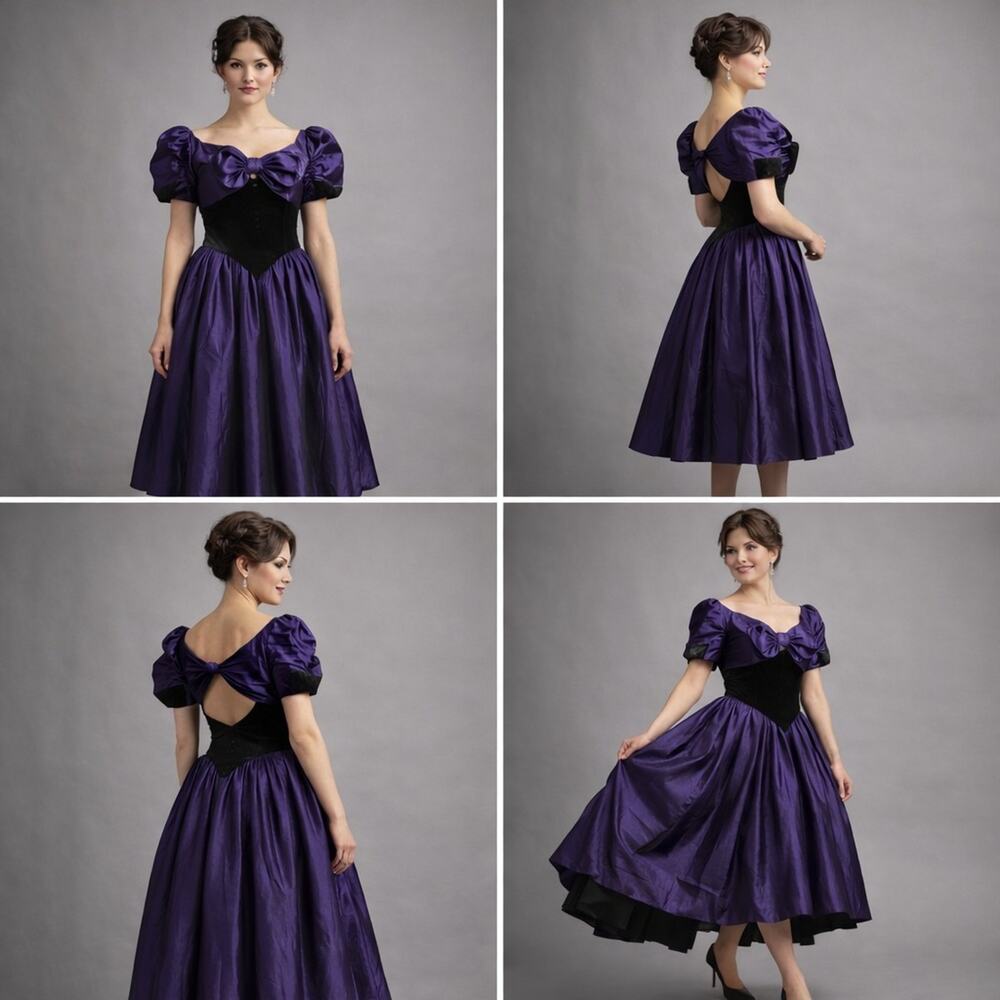 Vintage Loralie 80s Purple Dress Sz 12 Party Prom Taffeta Drop Waist Velvet